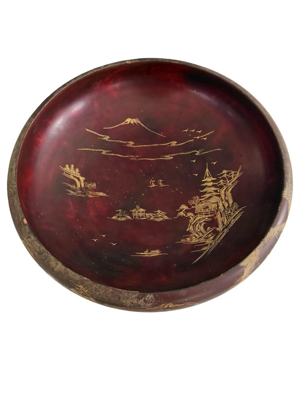 Vintage Japanese Lacquerware Bowl 10" Burgundy Red Mt Fuji Scenic Decorative Dis